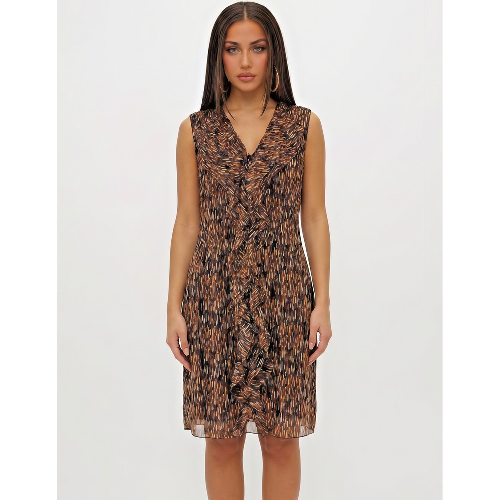 Carolina Herrera Silk Dress 14 Ruffle Sleeveless Abstract Print Quiet Luxury